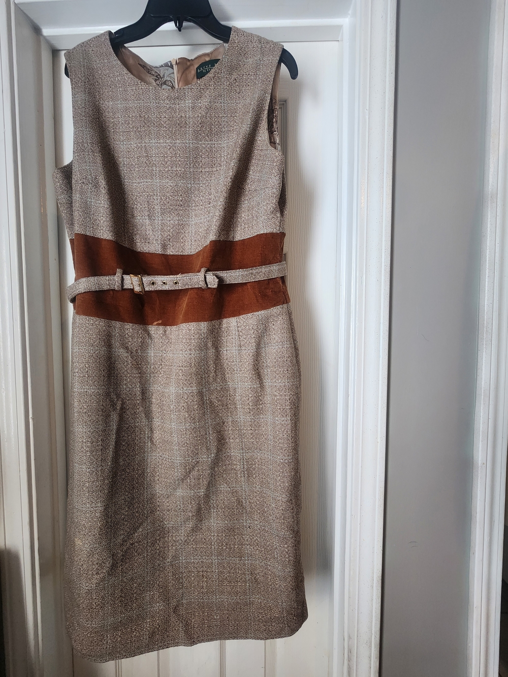 Harve Benard Tweed Midi Sheath Dress with Brown Suede Waistband